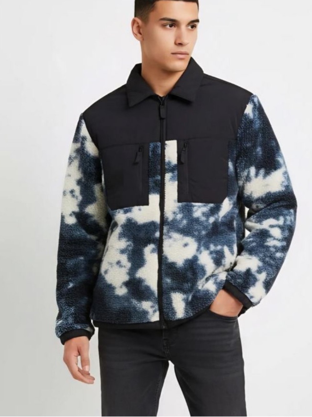 H&M Teddy Fleece Jacket in blue camouflage pattern